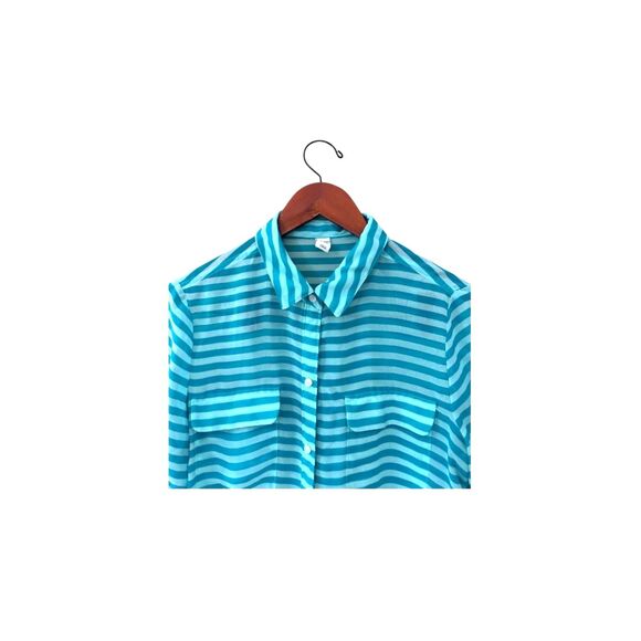 Old Navy Teal Striped Sheer Button-Down Size M Shirt Long Sleeve - Picture 4 of 12